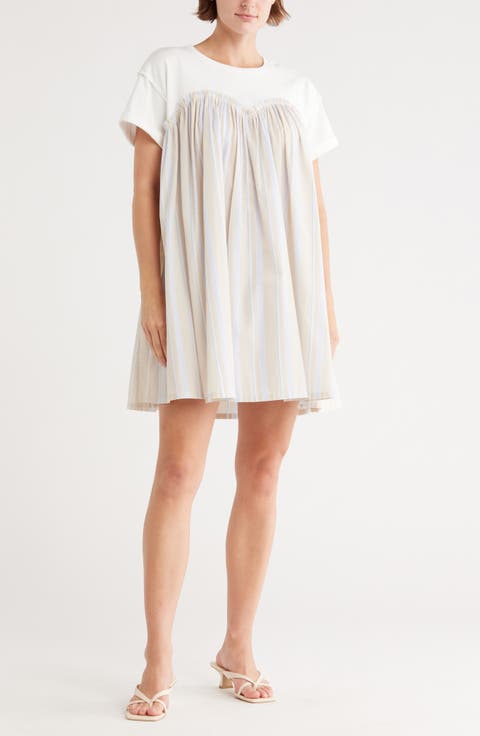 Stripe Twofer Mixed Media Cotton Babydoll Dress