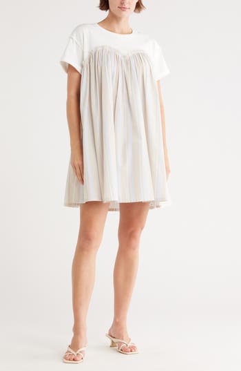 Wishlist Stripe Twofer Mixed Media Cotton Babydoll Dress In Gray