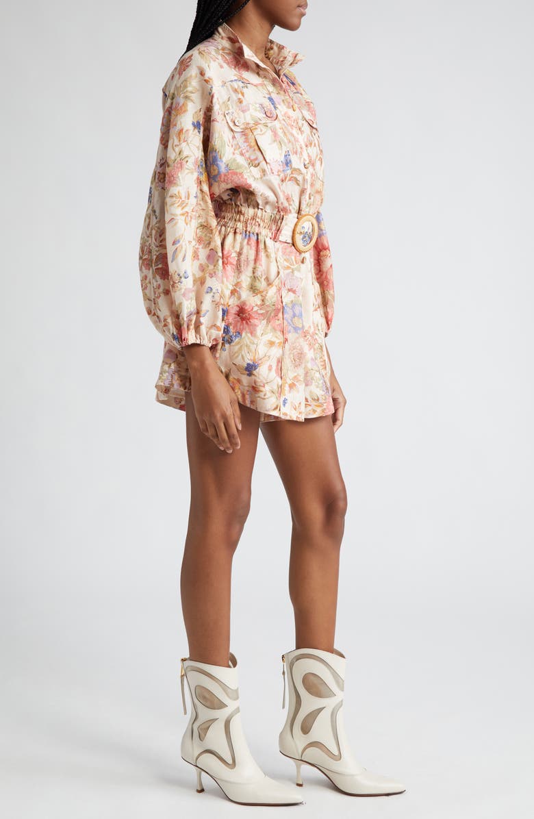 Zimmermann August Floral Print Belted Long Sleeve Linen Romper, Alternate, color, 