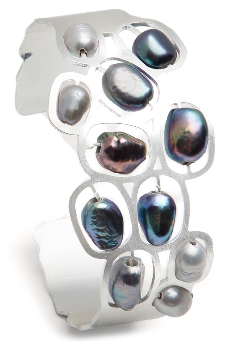 Faux Pearled Cut Out Waved Cuff Bracelet, Main, color, SILVER