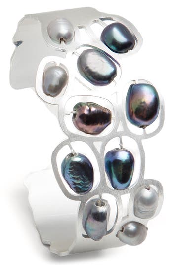 Saachi Faux Pearled Cut Out Waved Cuff Bracelet In Metallic