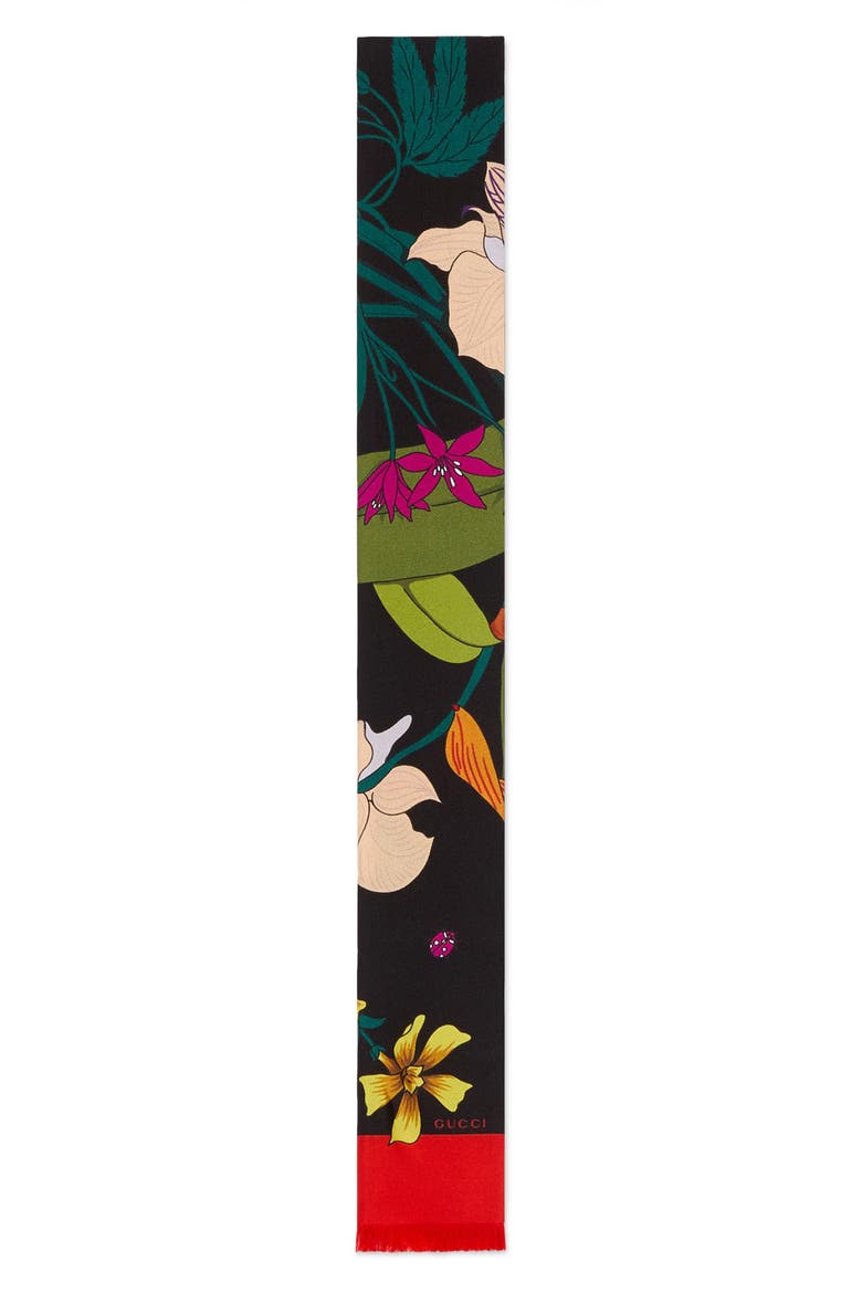 Gothic Floral Silk Skinny Scarf, Alternate, color, BLACK/ RED