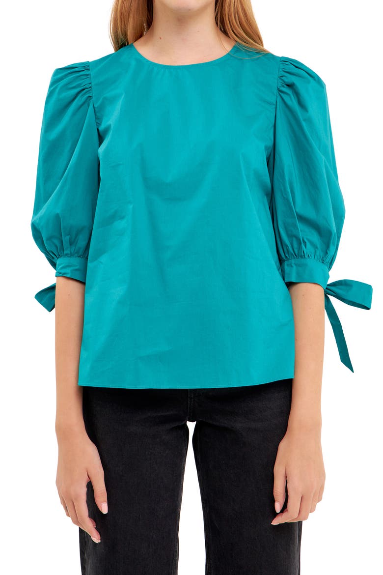 Bow Banded Puff Sleeve Blouse, Alternate, color, TEAL