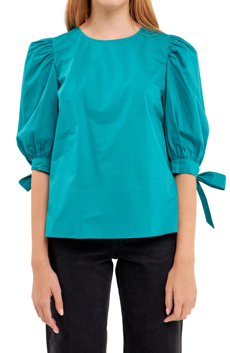 English Factory Bow Banded Puff Sleeve Blouse, Alternate, color, Teal