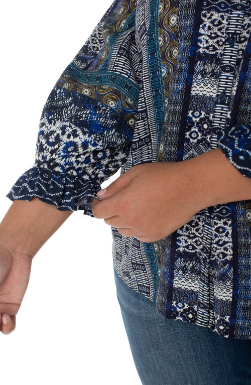 Liverpool Los Angeles Plus Size Printed V-neck Button-front 3/4-sleeve Blouse In Blue