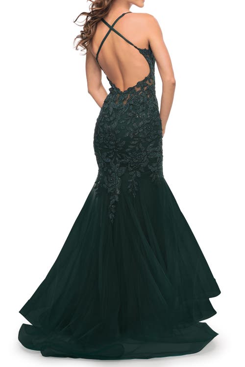 La Femme Mermaid Tulle And Lace Jeweled Prom Dress In Dark Emerald