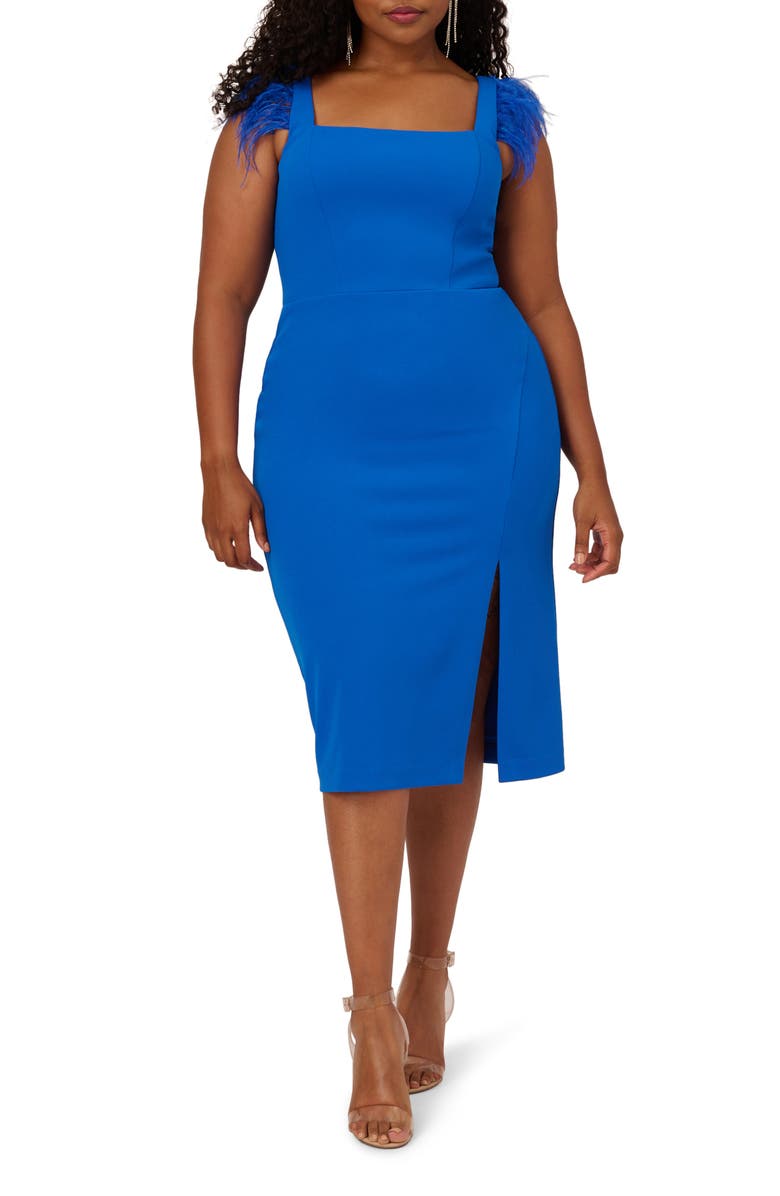 Adrianna Papell Feather Trim Crepe Midi Sheath Dress, Main, color, 