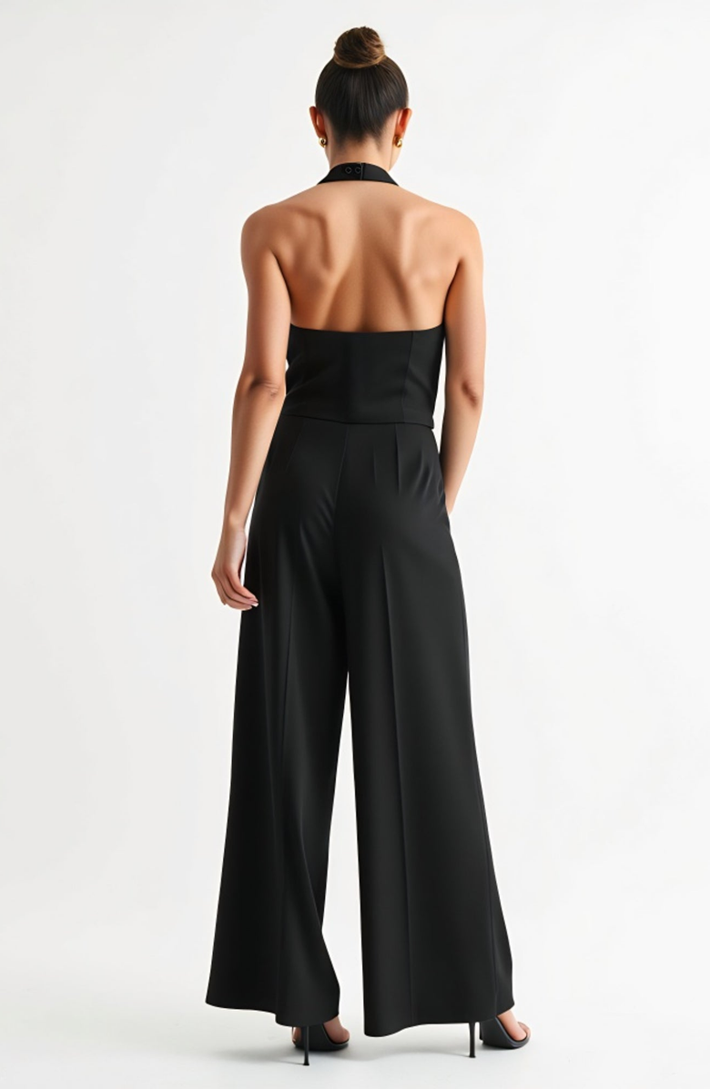 Modenaire Button-Detail Halter Vest and Wide-Leg Pocket Pants Set, Alternate, color, Black