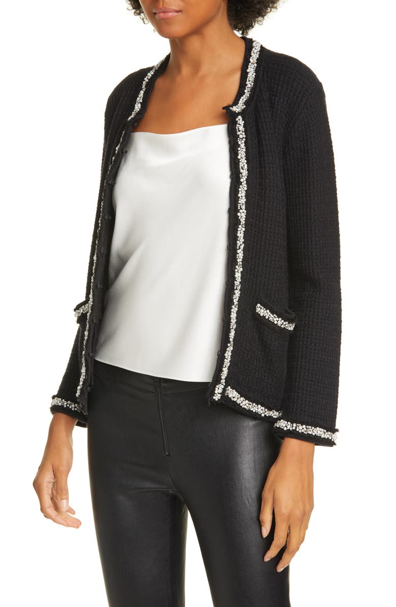 Alice + Olivia Georgia Imitation Pearl Detail Cotton Blend Sweater Jacket, Main, color,