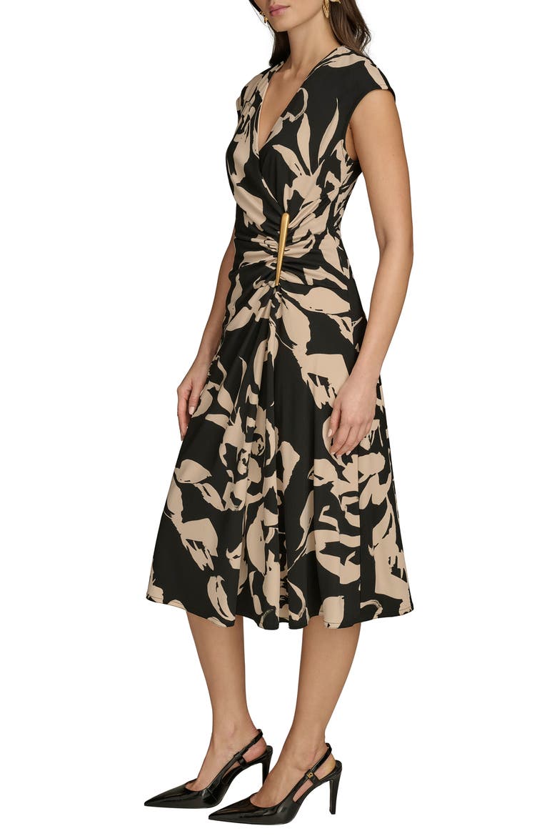 Ruched Floral Dress, Alternate, color, BLACK/ SAND MULTI
