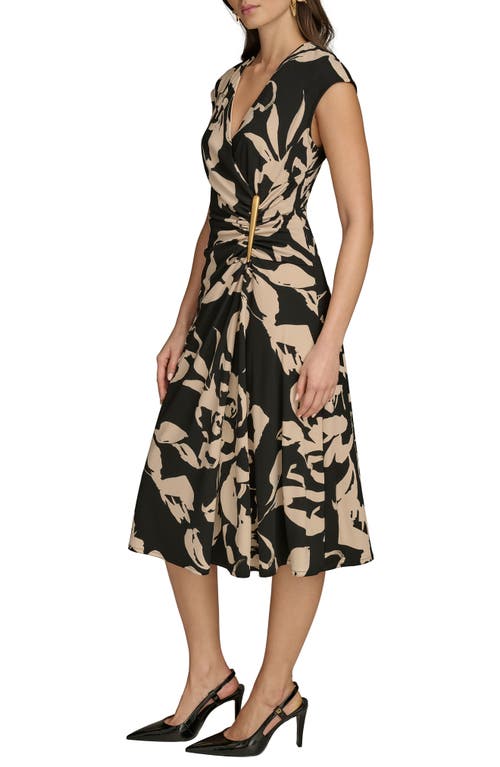 Donna Karan New York Ruched Floral Dress In Black/sand Multi