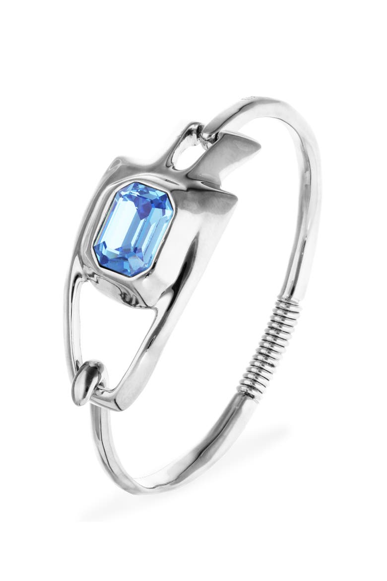 Silver-Tone Sculptural Bracelet with Blue Crystal, Alternate, color, Silver