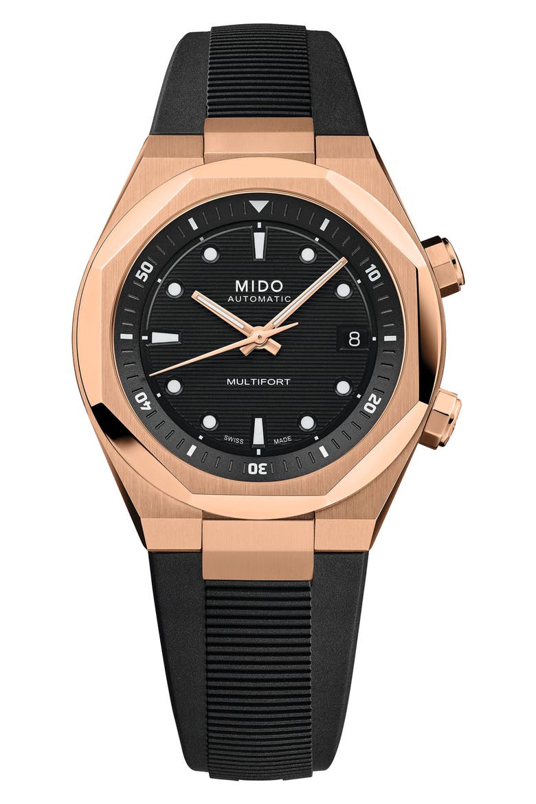 Multifort 8 Two Crowns Automatic Rubber Strap Watch, 40mm, Main, color, BLACK