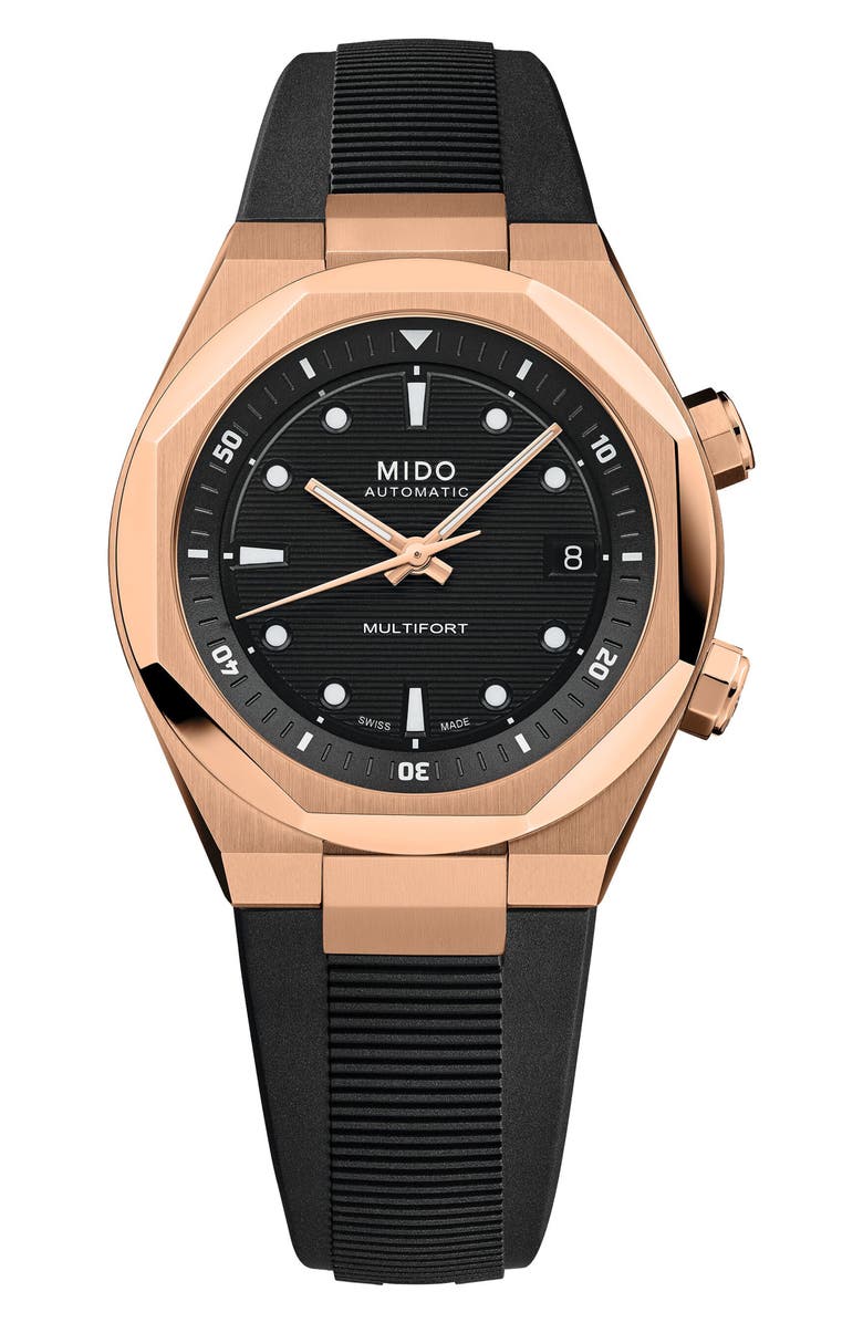 MIDO Multifort 8 Two Crowns Automatic Rubber Strap Watch, 40mm, Main, color, Black