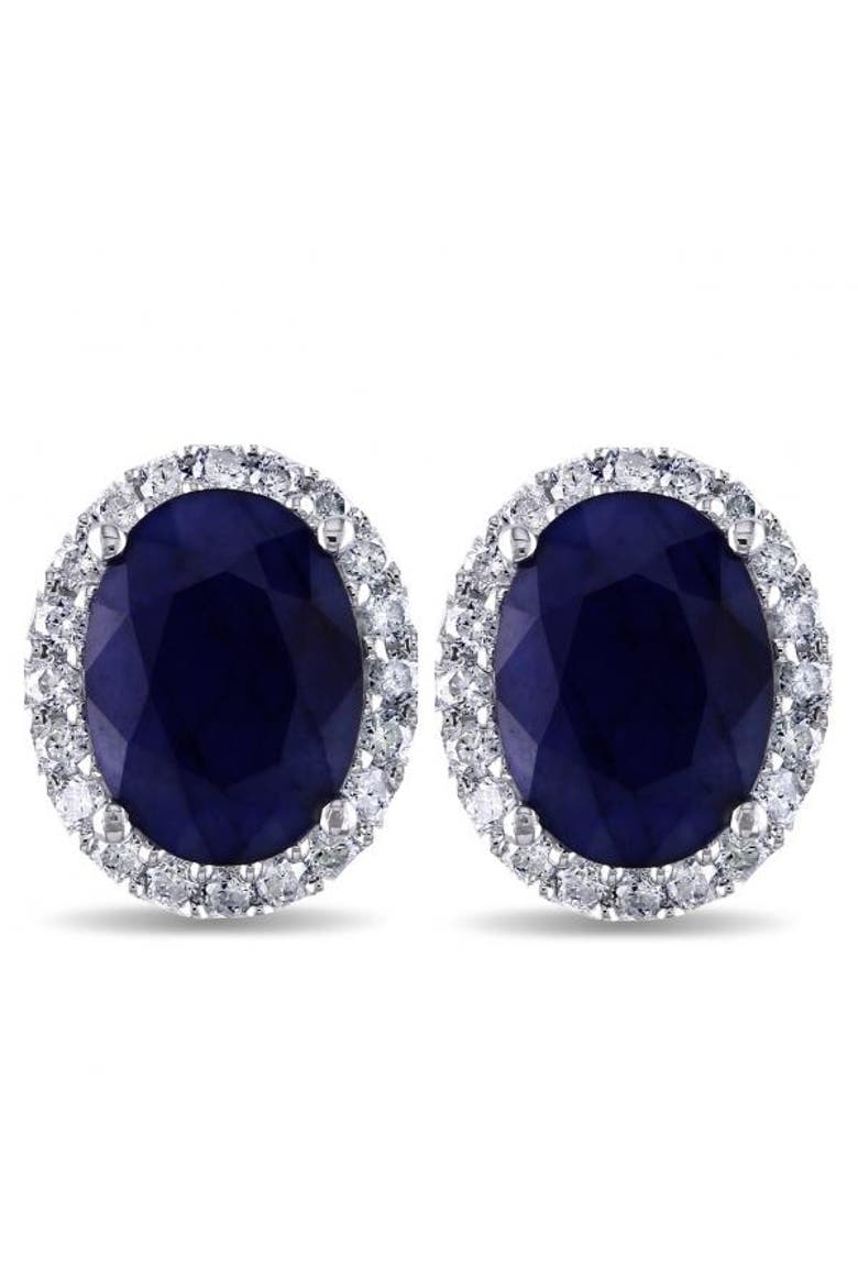 Oval Blue Sapphire & Halo Diamond Stud Earrings 14k, Alternate, color, White Gold