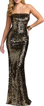Mac Duggal Strapless Metallic Sequin Column Gown