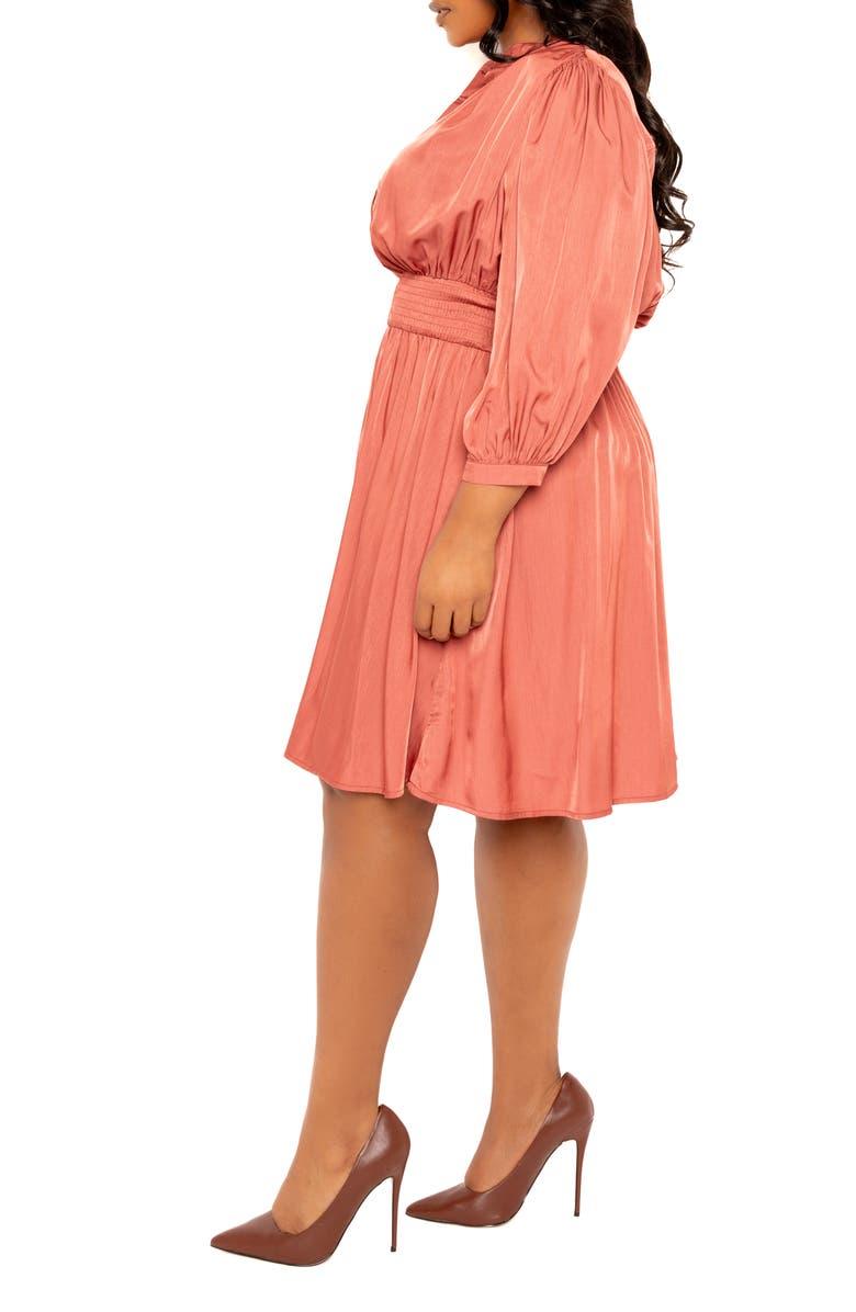 BUXOM COUTURE Smocked Long Sleeve Satin Shirtdress, Alternate, color, Marsala