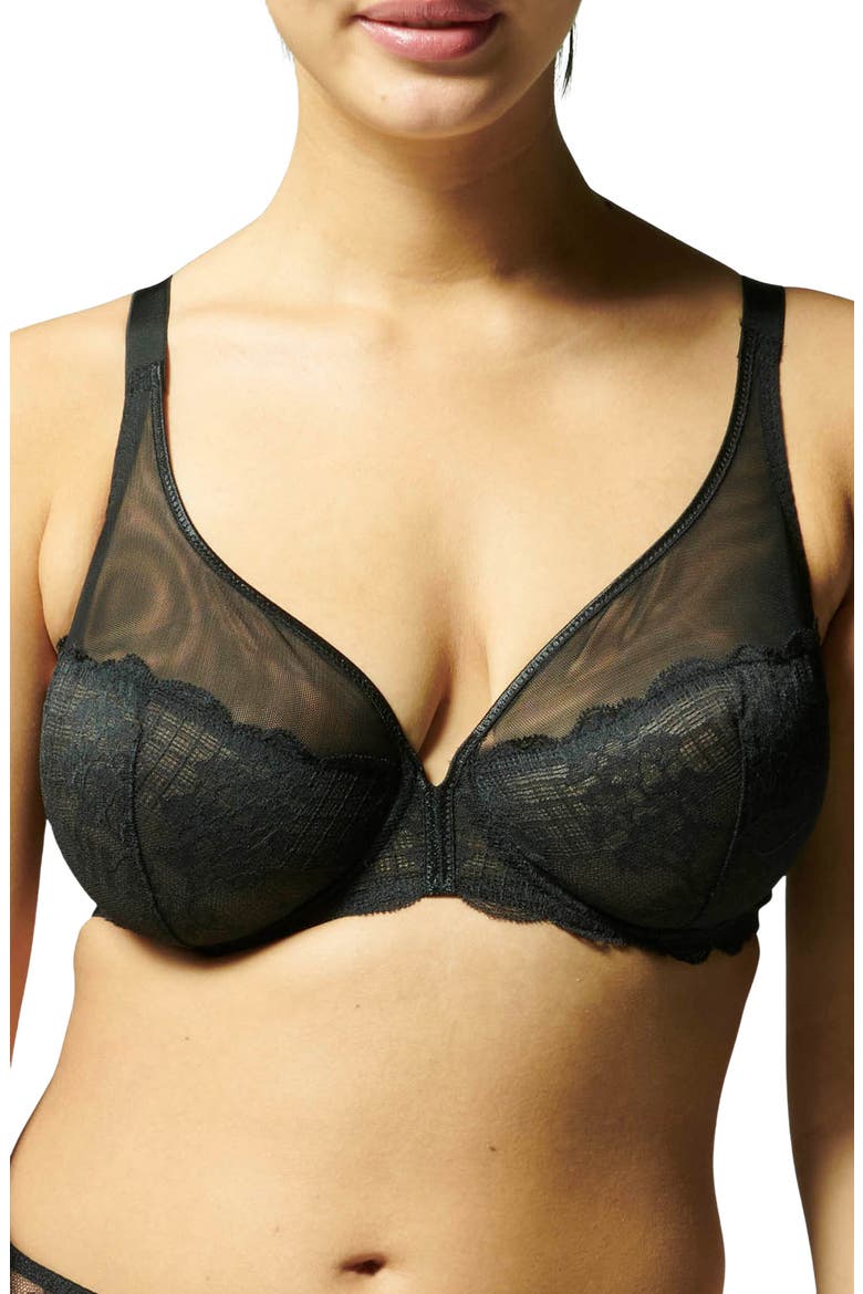 Reve Sheer Underwire 3D Plunge Bra, Main, color, BLACK