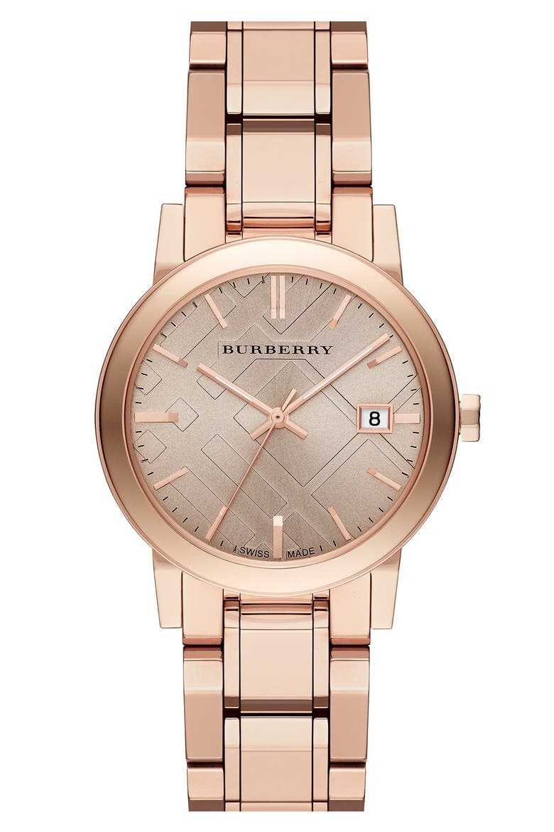 Check Stamped Round Bracelet Watch, 34mm, Main, color, ROSE GOLD