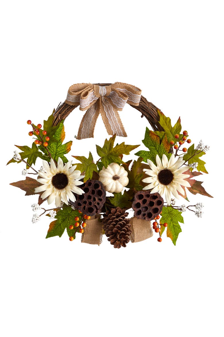 20-in Autumn Sunflower, White Pumpkin and Dried Lotus Pod Artificial Fall Wreath with Decorative Bow, Main, color, Green
