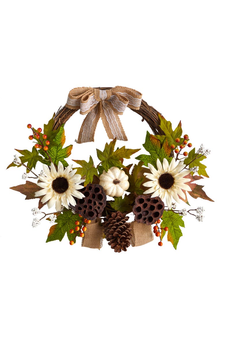 NEARLY NATURAL 20-in Autumn Sunflower, White Pumpkin and Dried Lotus Pod Artificial Fall Wreath with Decorative Bow, Main, color, Green