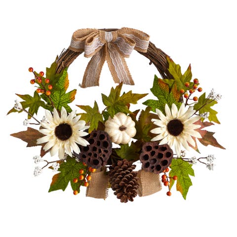 20-in Autumn Sunflower, White Pumpkin and Dried Lotus Pod Artificial Fall Wreath with Decorative Bow