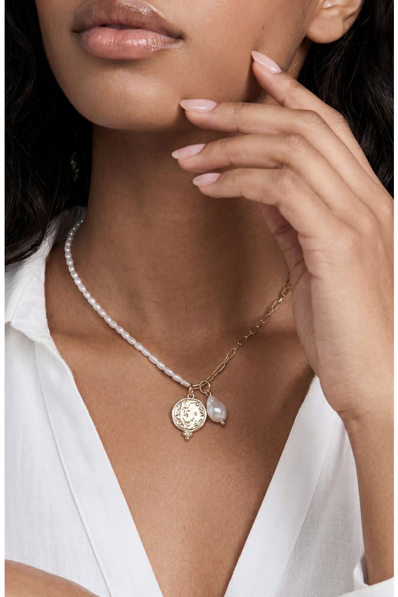 Faux Pearl & Chain Pendant Necklace, Alternate, color, GOLD