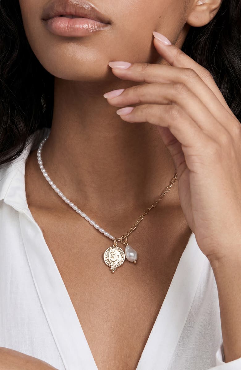 Ettika Faux Pearl & Chain Pendant Necklace, Alternate, color, Gold