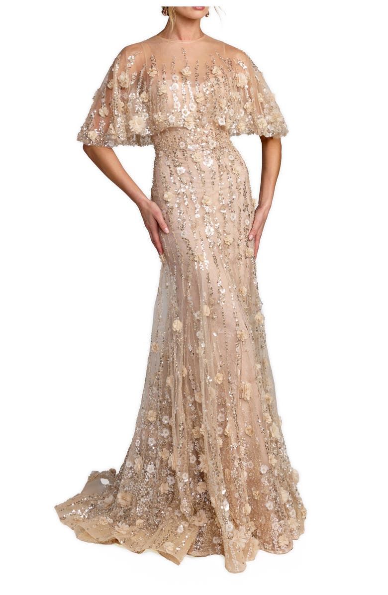 Mac Duggal Chiffon Lace Floral Caplet Sleeve Trumpet Gown, Main, color, Almond