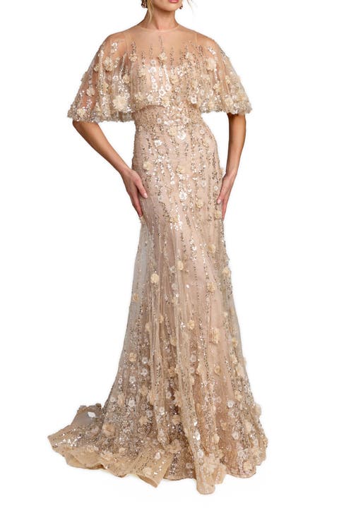 Chiffon Lace Floral Caplet Sleeve Trumpet Gown