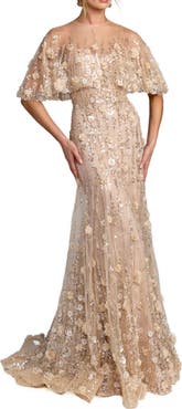 Mac Duggal Chiffon Lace Floral Caplet Sleeve Trumpet Gown