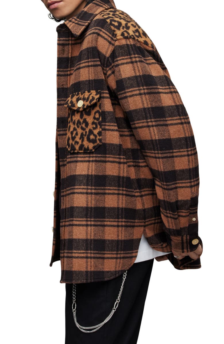 AllSaints Glasco Check & Leopard Flannel Button-Up Shirt, Alternate, color, 