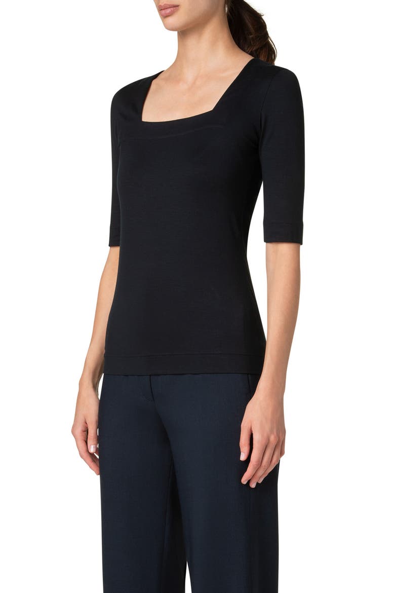 Square Neck Stretch Cotton Top, Alternate, color, NAVY