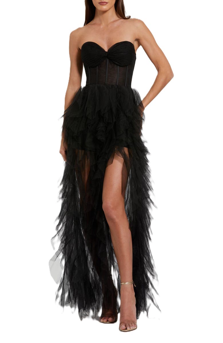 Mac Duggal Strapless Bustier Net Gown With Spiral Ruffles, Main, color, Black