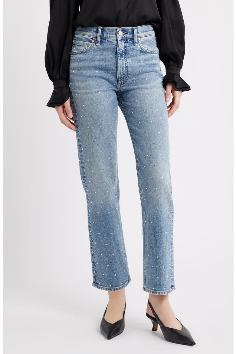 Harlow Rhinestone Detail Straight Leg Ankle Jeans, Main, color, ORIANJEWEL