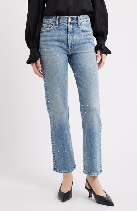 Harlow Rhinestone Detail High Waist Straight Leg Ankle Jeans (Orian Jewel)