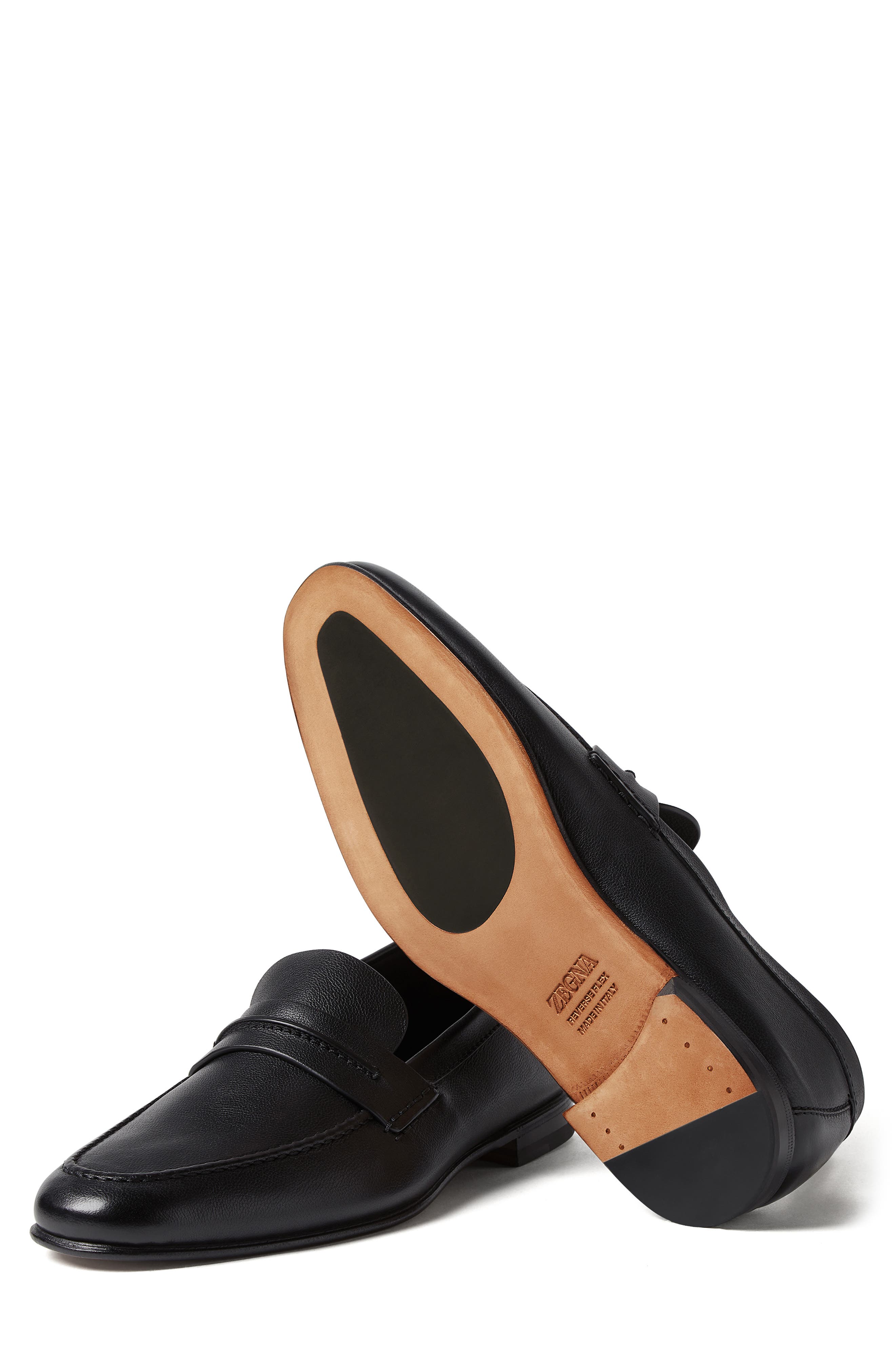 ZEGNA Black Natural Grain Leather Driving Loafer, Alternate, color, Black