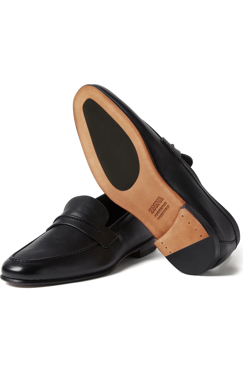 ZEGNA Black Natural Grain Leather Driving Loafer, Alternate, color, Black