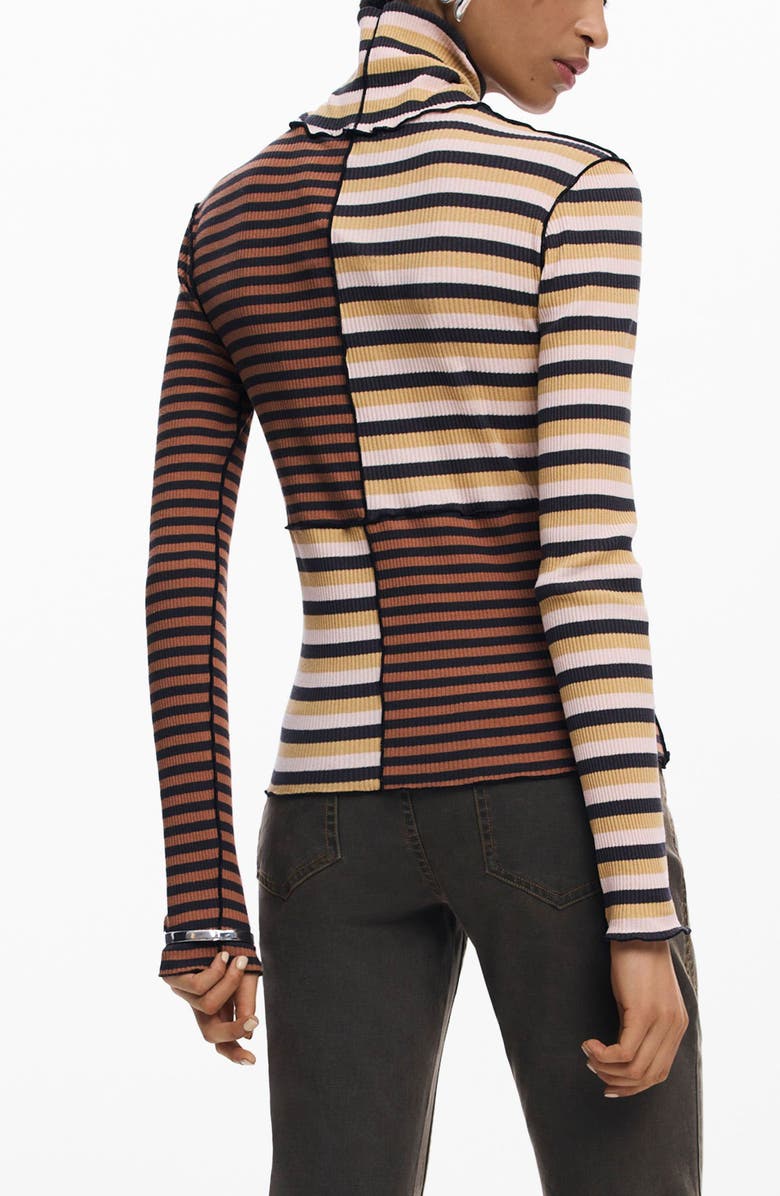 Desigual Colorblock Stripe Rib Turtleneck Top, Alternate, color, Brown