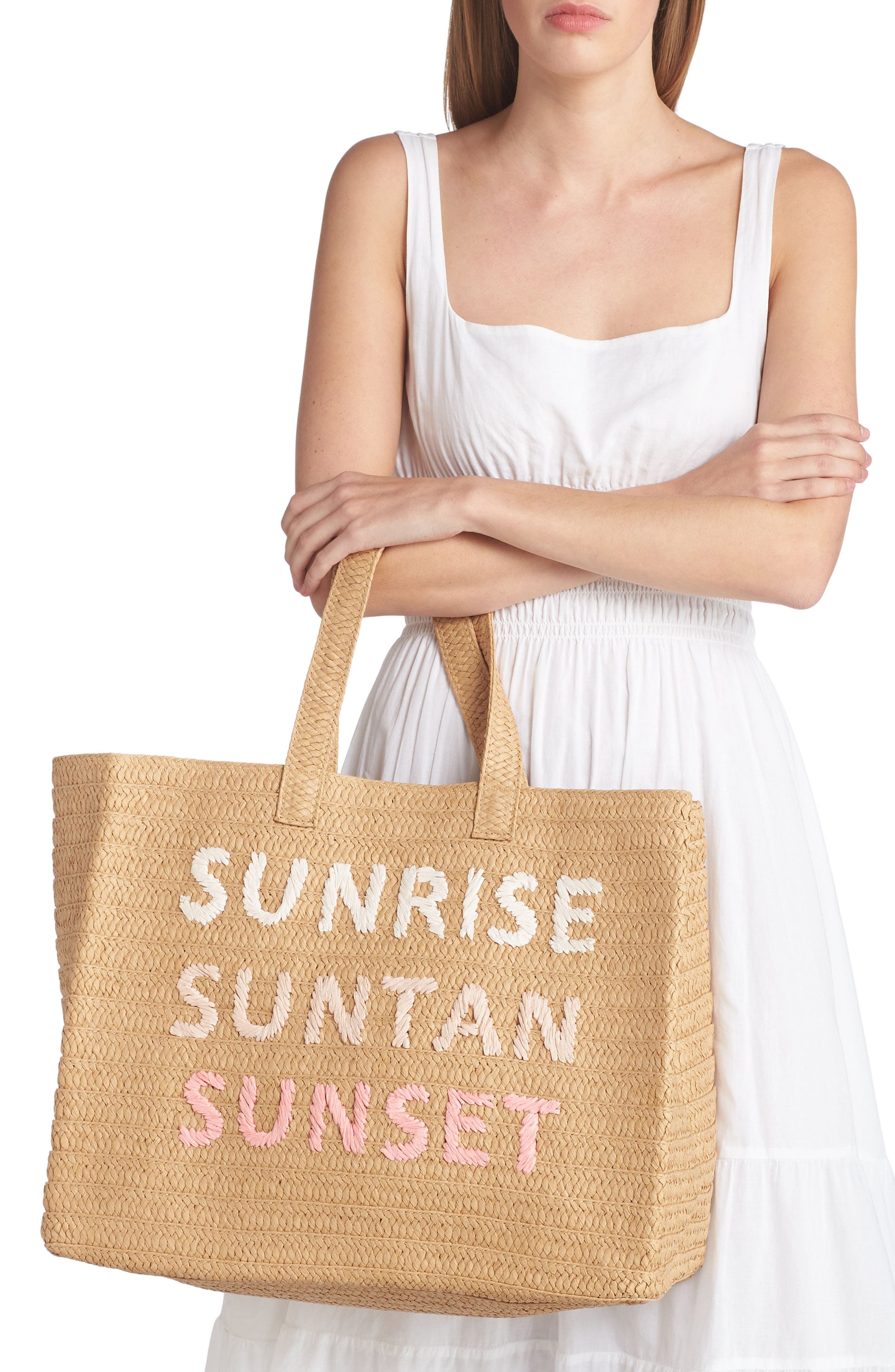 BTB Los Angeles Sunrise, Suntan, Sunset Raffia Tote, Alternate, color, 