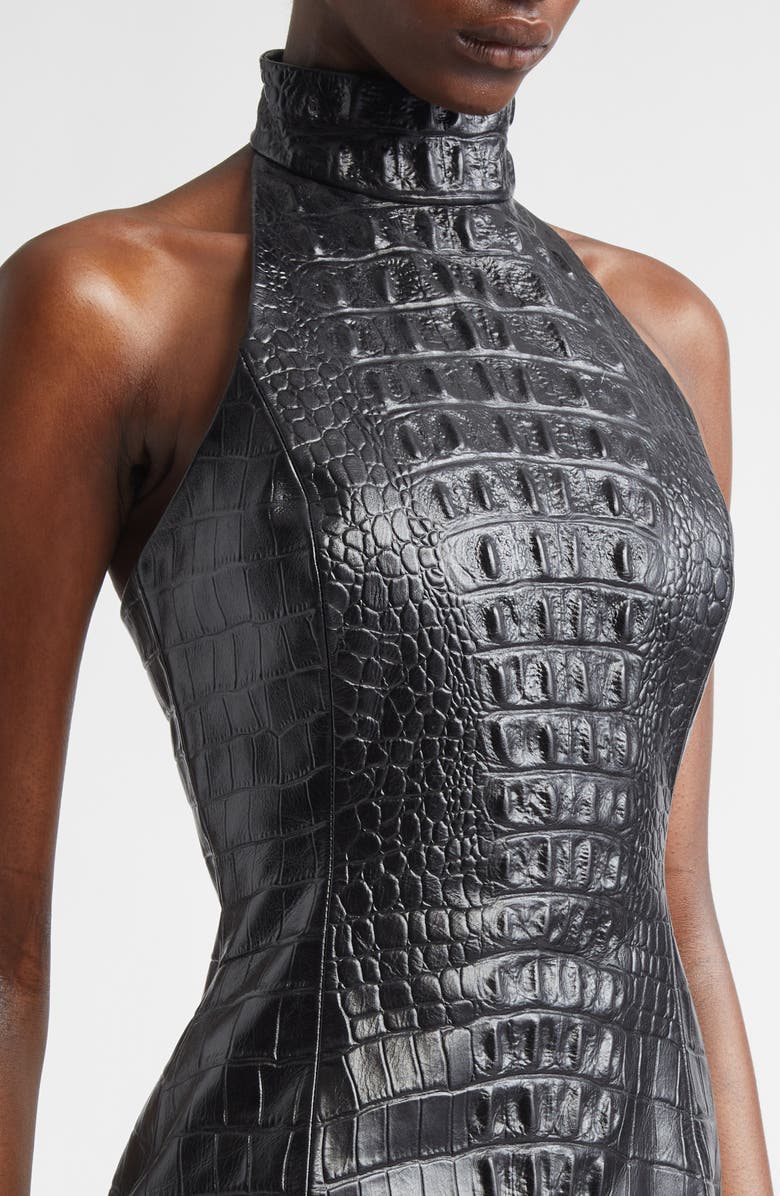Balmain Croc Embossed Leather Halter Neck Dress, Alternate, color, 0Pa Black