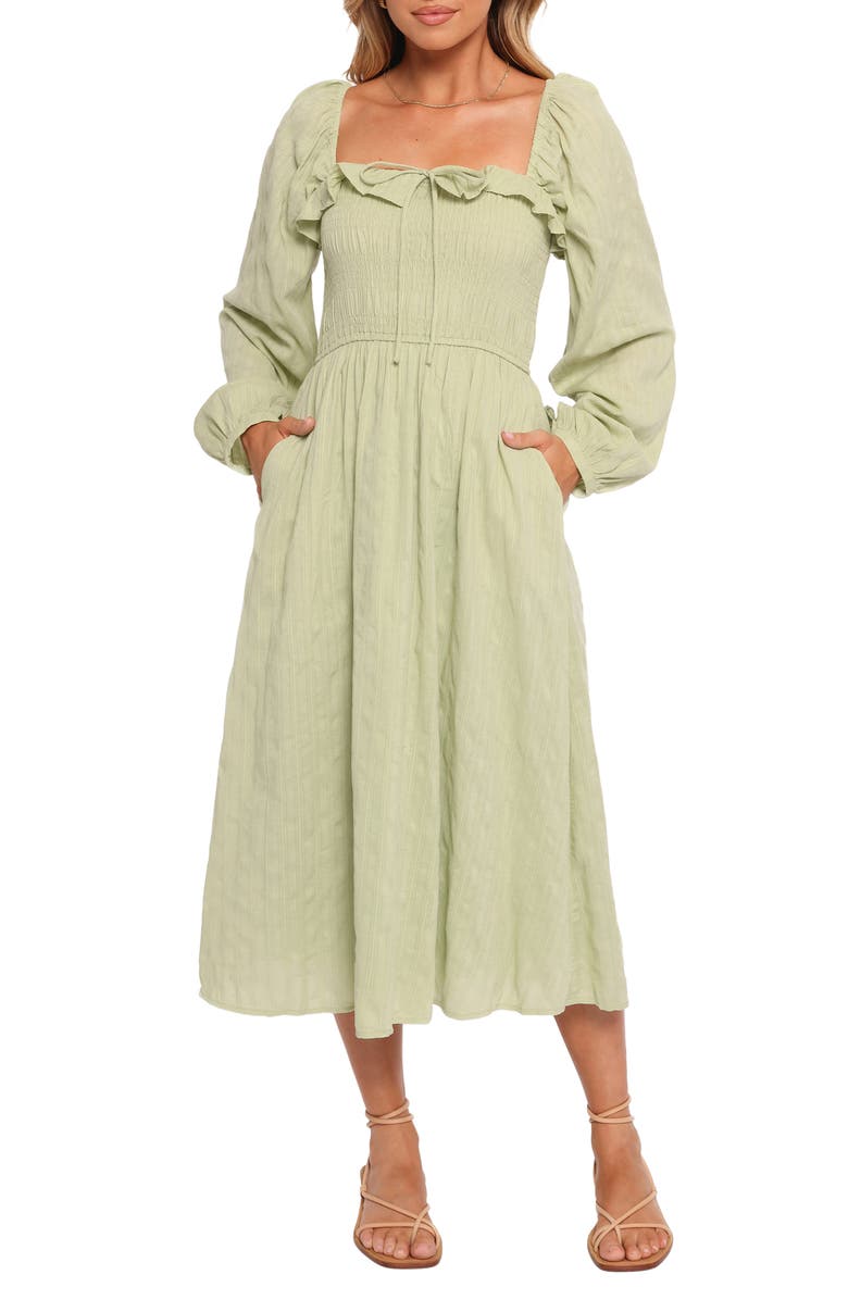 Petal & Pup Ophelia Long Sleeve Cotton Midi Dress, Main, color, Olive