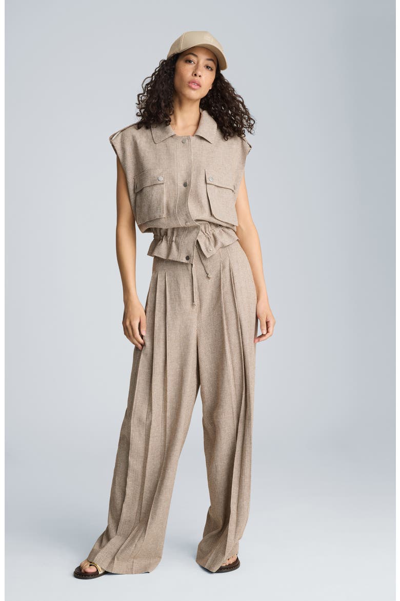 Triple Pleat Wide Leg Linen Blend Pants, Alternate, color, BRUNETTE/ PURE WHITE