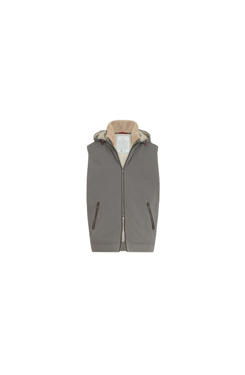 Brunello Cucinelli Waxed techno cotton down vest with detachable hood, Alternate, color, Grey