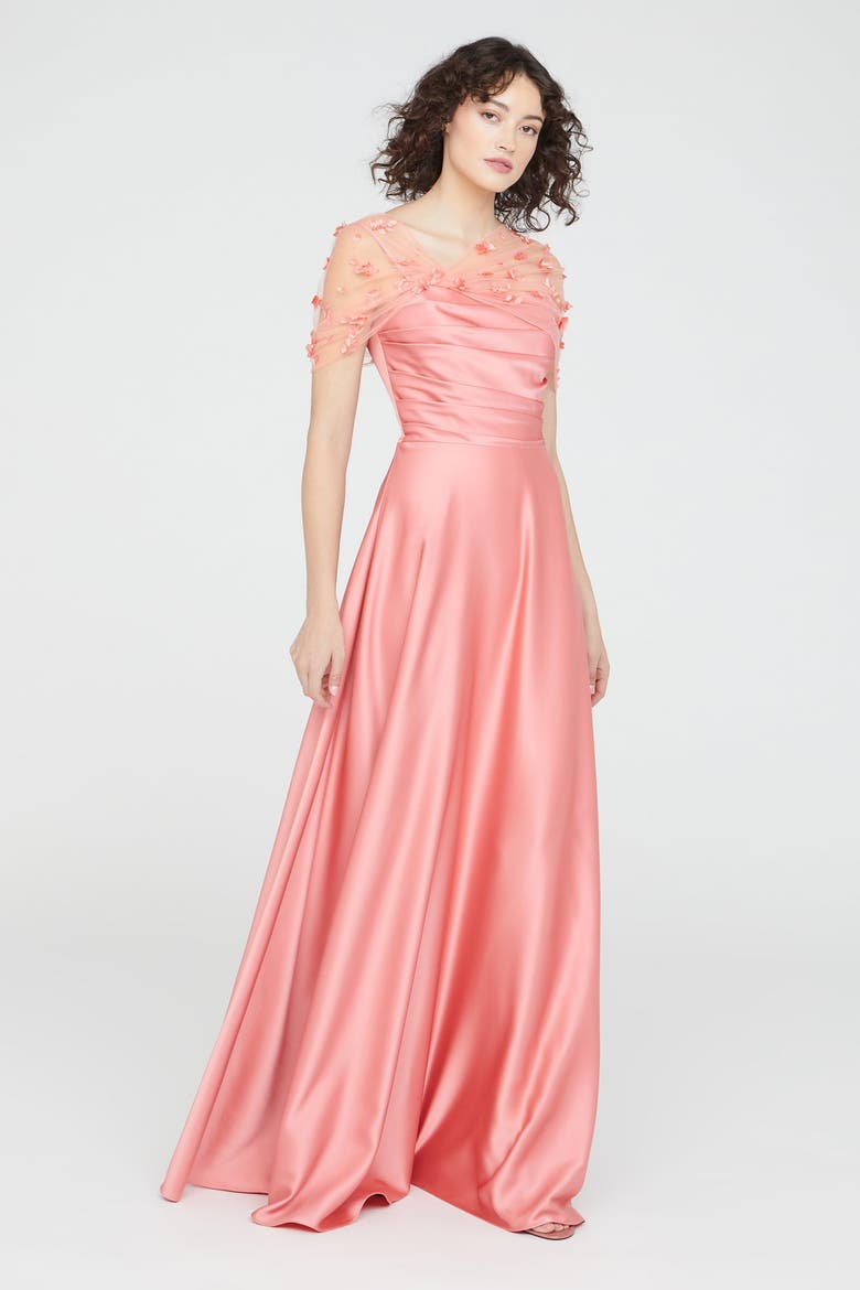 Luella Shawl Draped Gown, Alternate, color, Sugar Coral
