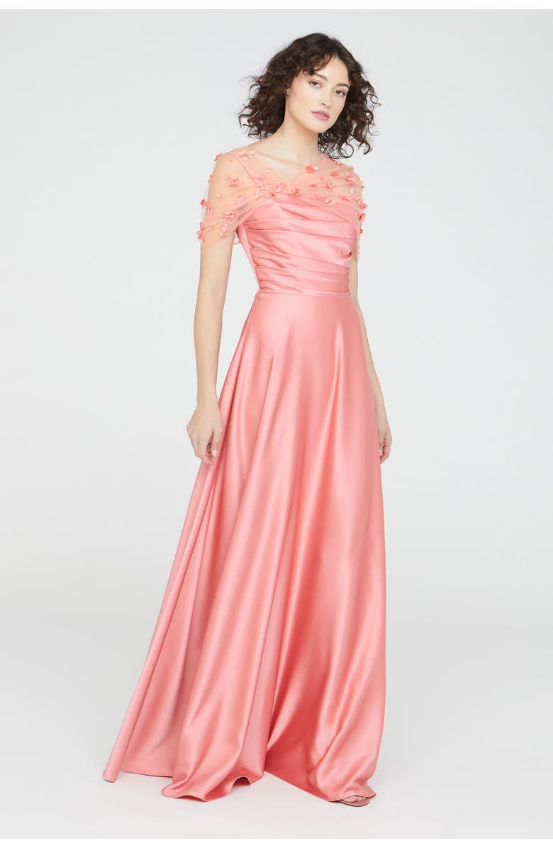 Theia Luella Shawl Draped Gown, Alternate, color, Sugar Coral