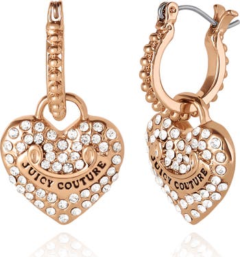Gold-Tone Heart Charm Hoop Earrings with Crystal Accents