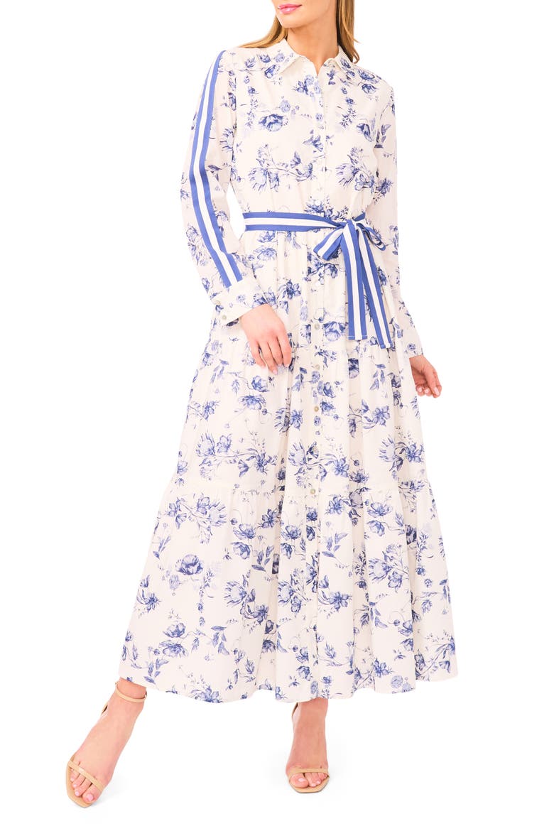 Floral Print Long Sleeve Belted Shirtdress, Main, color, CLASSIC NAVY