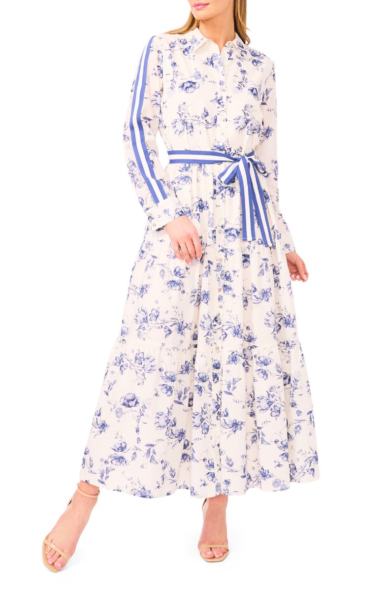CeCe Floral Print Long Sleeve Belted Shirtdress, Main, color, Classic Navy
