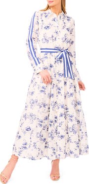 CeCe Floral Print Long Sleeve Belted Shirtdress